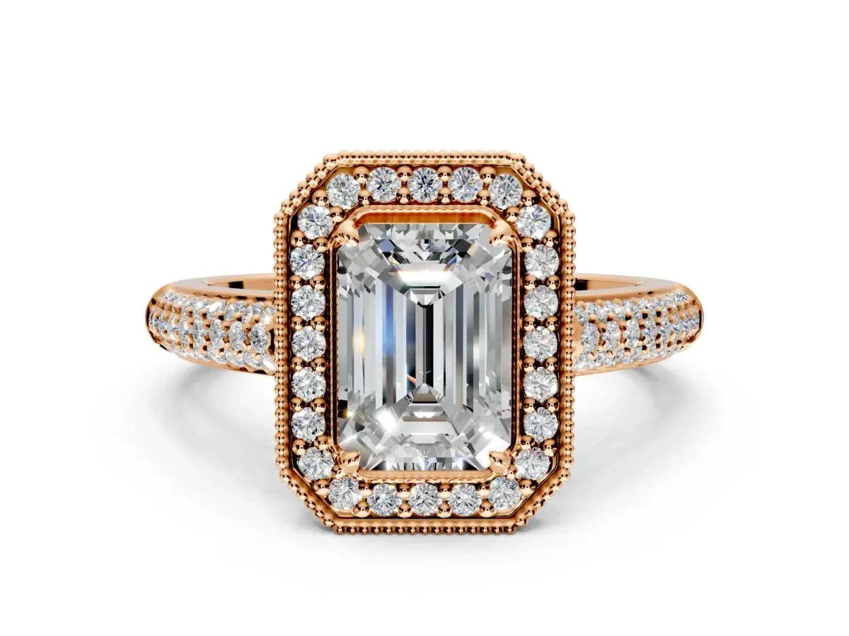 Milgrain Halo Engagement Ring Setting for Emerald Cut Center with Three-Sided Pave Band and Prong Head in Rose Gold