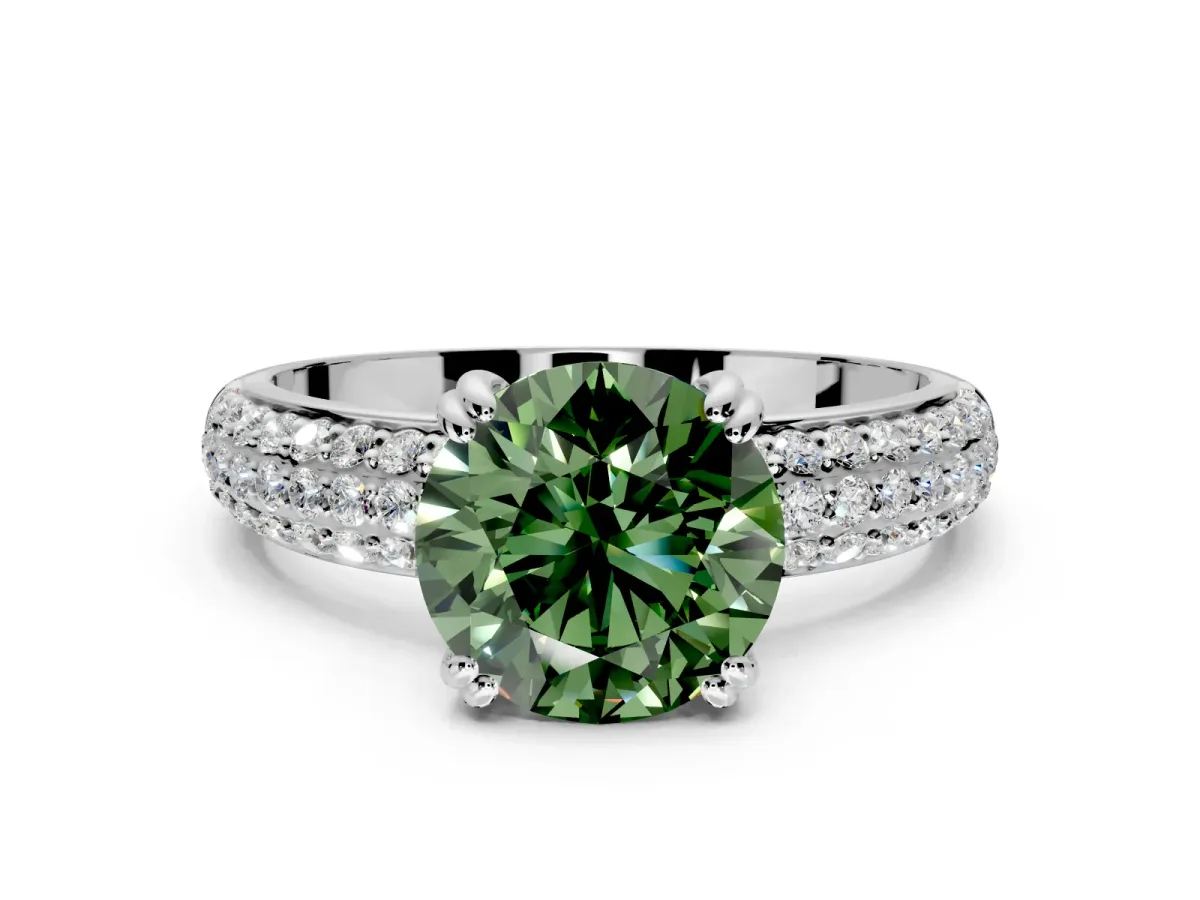 Solitaire Engagement Ring Setting for Fancy Green Round Cut Center with Multi-Row Pave Accents and Basket Head in Platinum