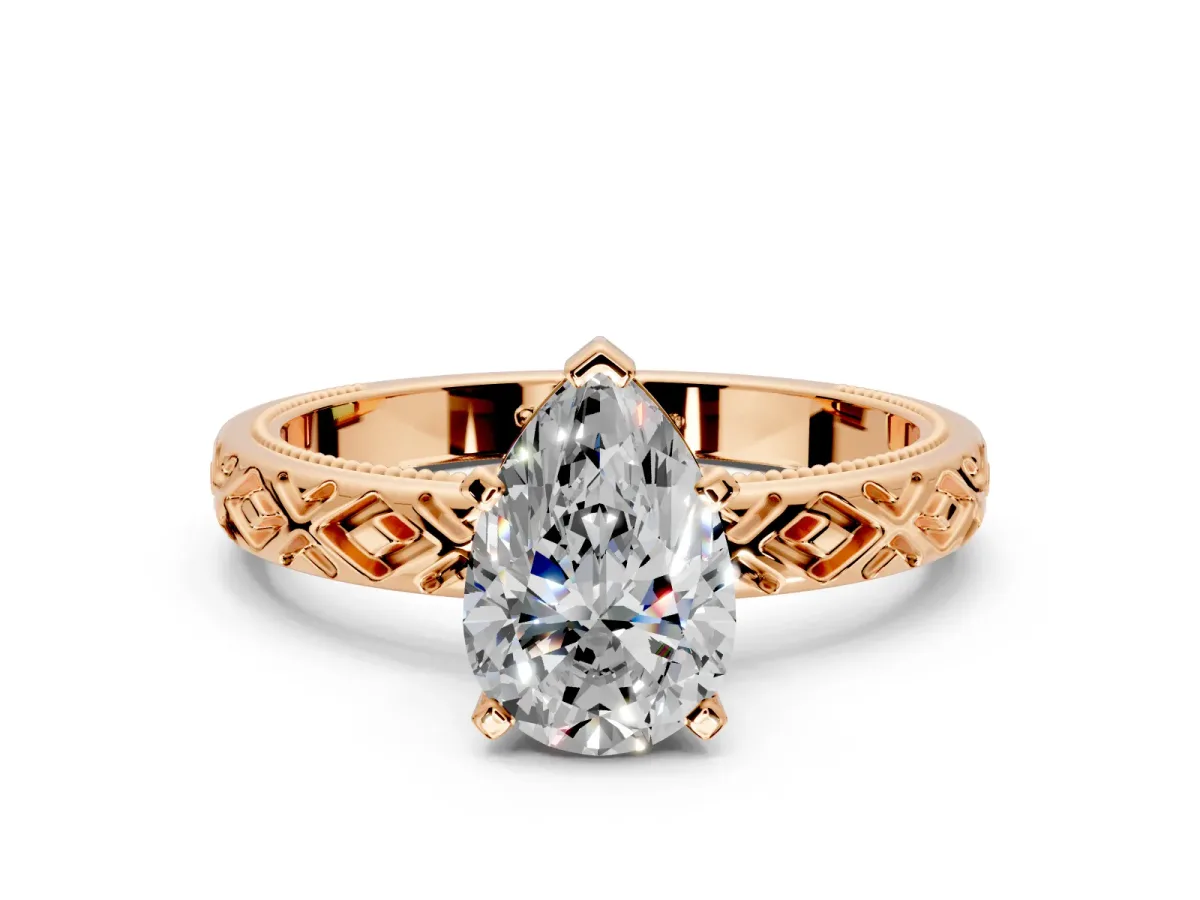 Solitaire Engagement Ring Setting for Pear-Shaped Center with Milgrain X Pattern Band and Prong Head in Rose Gold