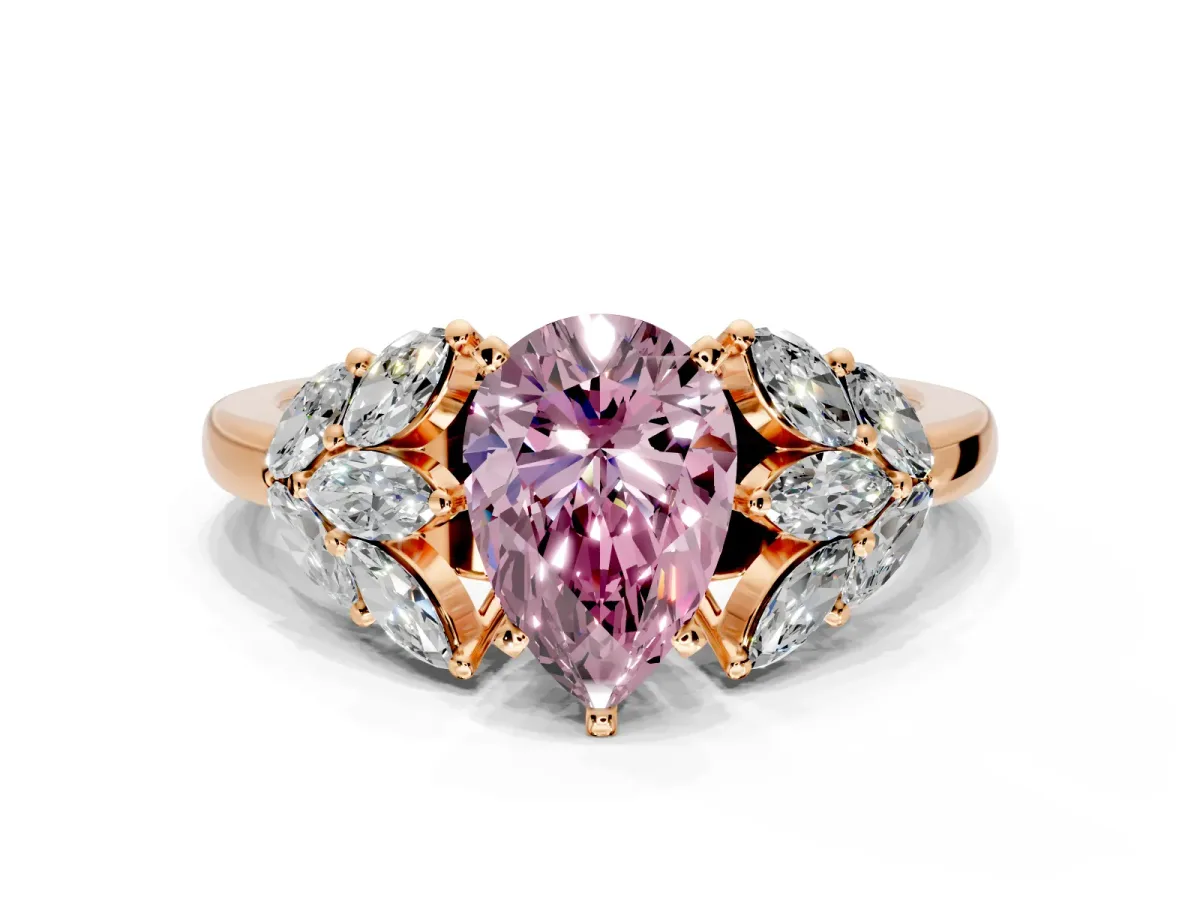 Leaf Cluster Engagement Ring Setting for Fancy Pink Pear-Shaped Center with Marquise Accents and Prong Head in Rose Gold