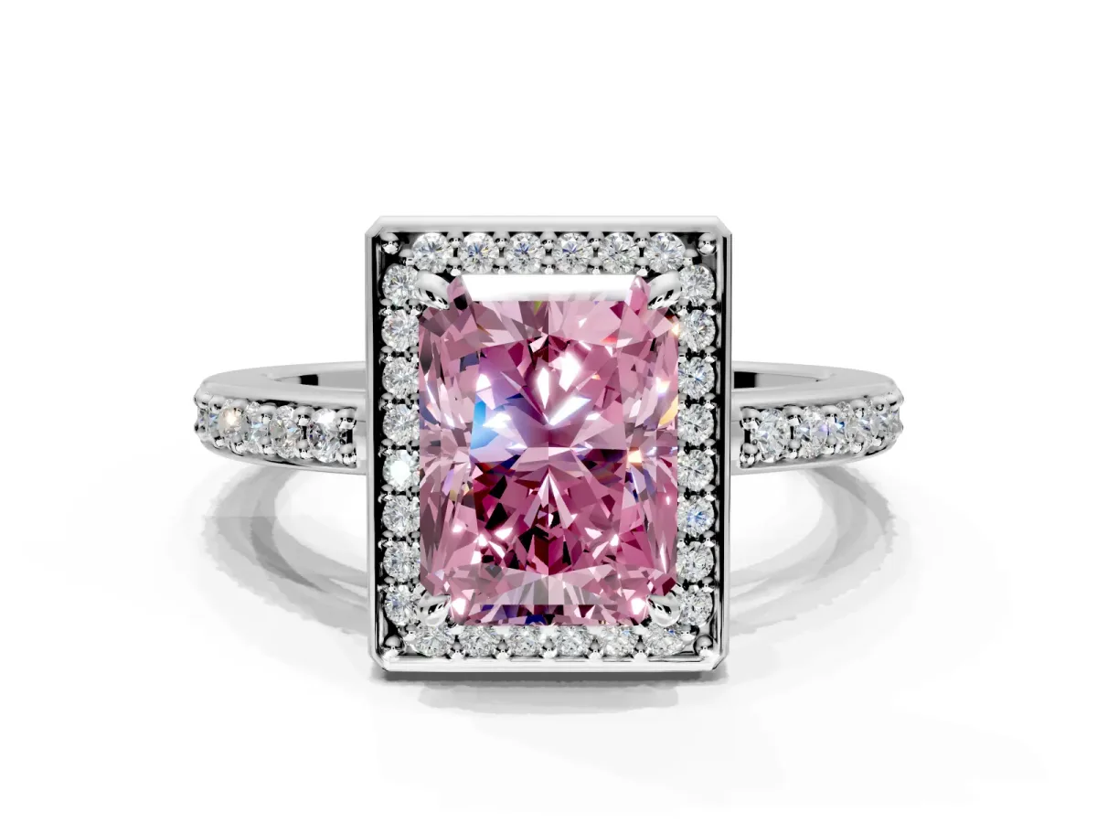 Halo Engagement Ring Setting for Fancy Pink Radiant Cut Center with Metal-Rimmed Halo, Pave Band and Prong Head in Platinum