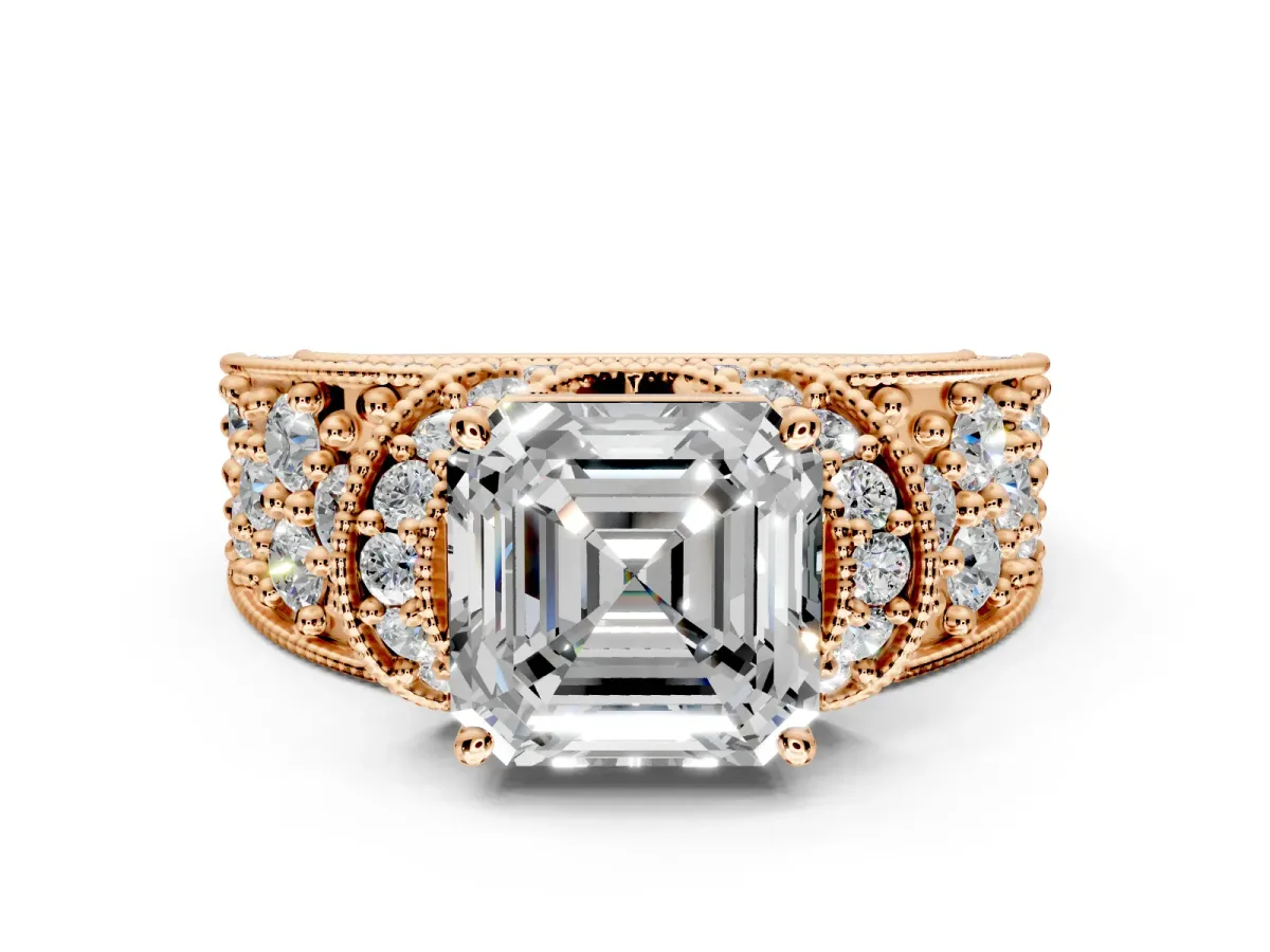 Pave Engagement Ring Setting for Asscher Cut Center with Curved Accent Rows, Openwork and Prong Head in Rose Gold