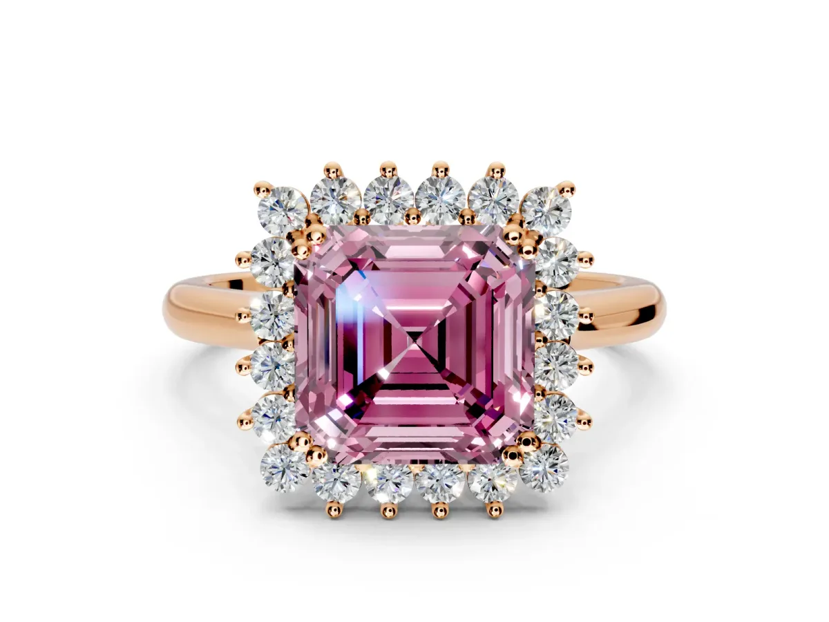 Starburst Halo Engagement Ring Setting for Fancy Pink Asscher Cut Center with Thin Round-Wire Band and Prong Head in Rose Gold