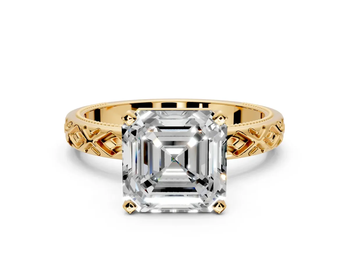 Solitaire Engagement Ring Setting for Asscher Cut Center with Milgrain X Pattern Band and Prong Head in Yellow Gold