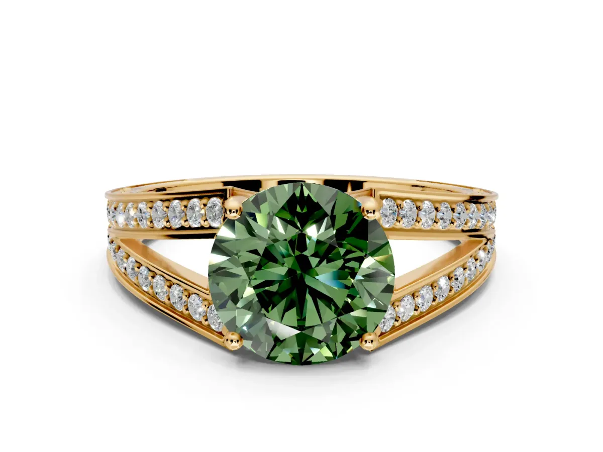Split Shank Engagement Ring Setting for Fancy Green Round Cut Center with Pave Split Shank and Prong Head in Yellow Gold