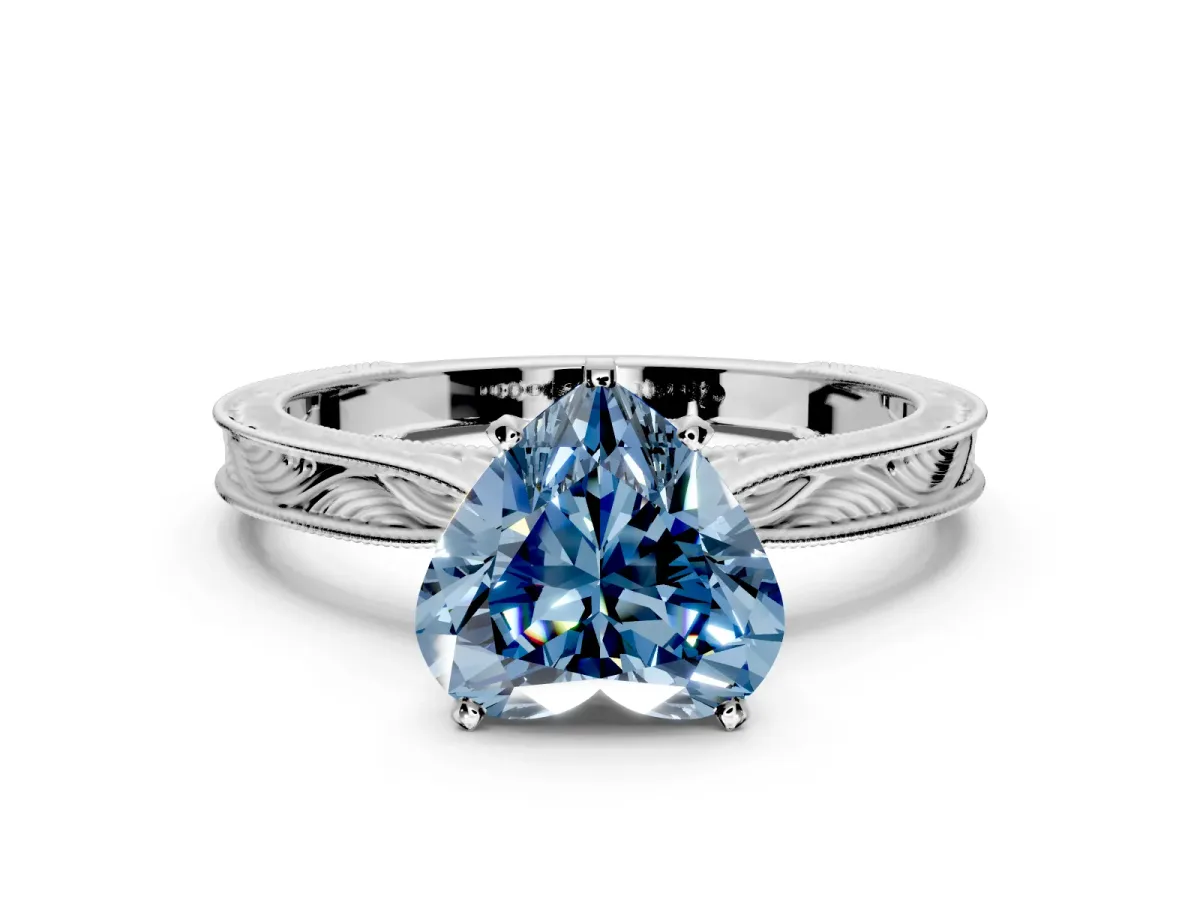 Solitaire Engagement Ring Setting for Fancy Blue Heart-Shaped Center with Engraved Milgrain Band and Prong Head in Sterling Silver