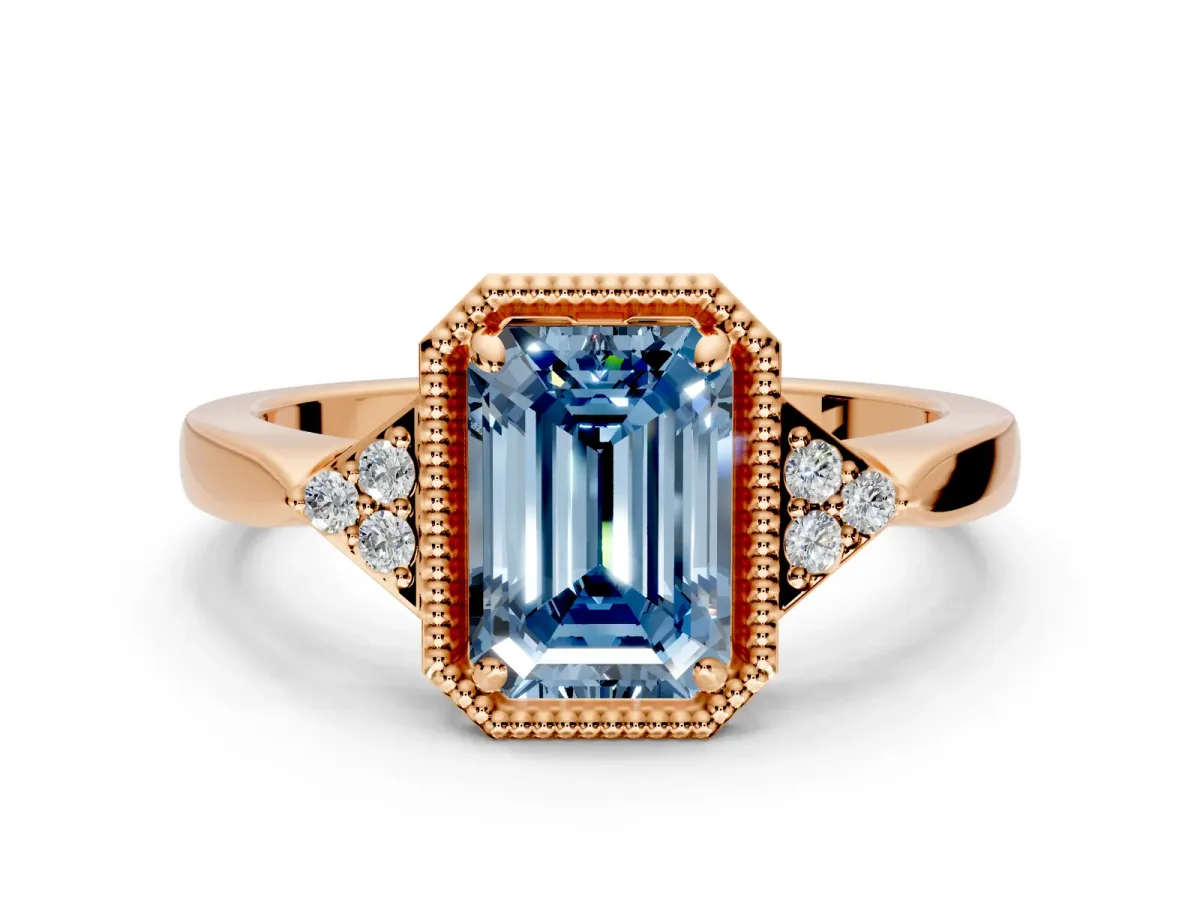 Cluster Engagement Ring Setting for Fancy Blue Emerald Cut Center with Milgrain Shoulder Clusters and Prong Head in Rose Gold