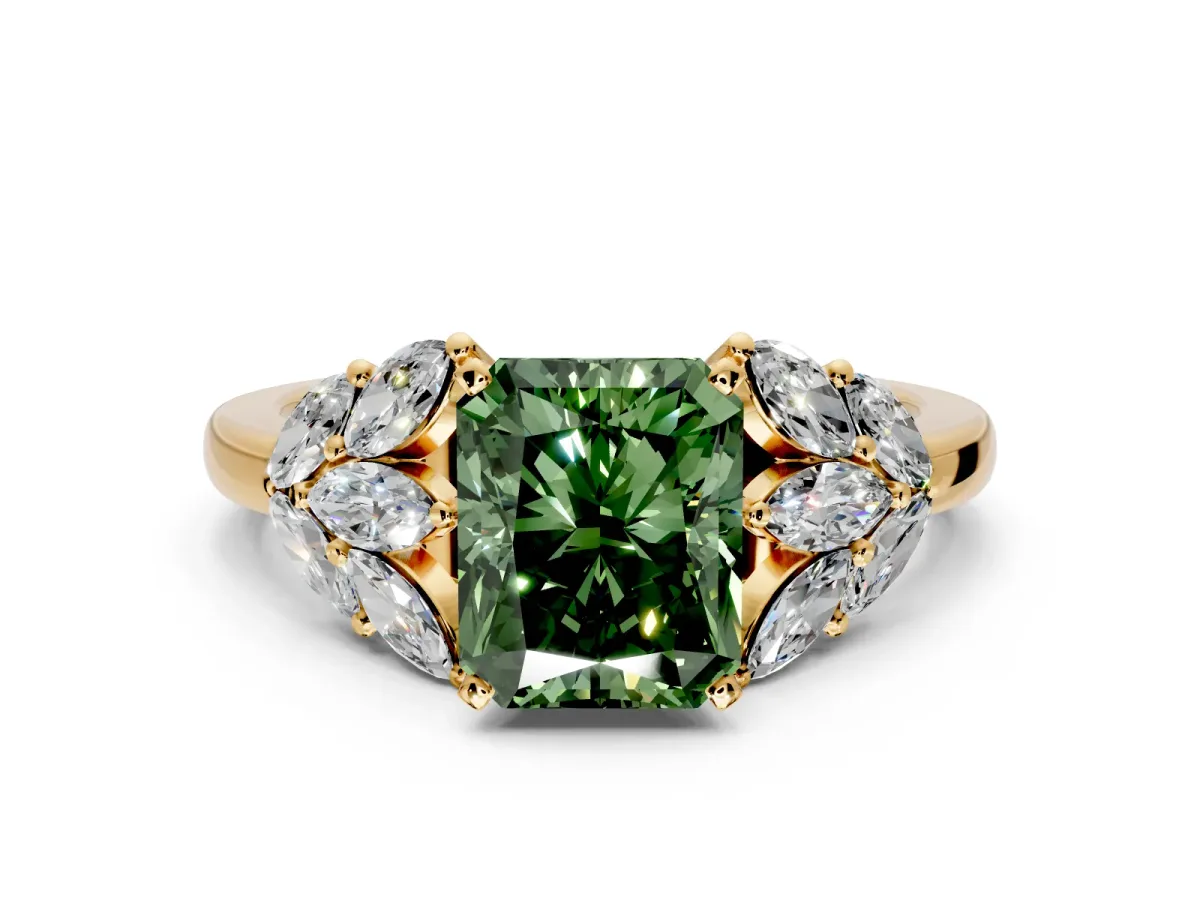 Leaf Cluster Engagement Ring Setting for Fancy Green Radiant Cut Center with Marquise Accents and Prong Head in Yellow Gold