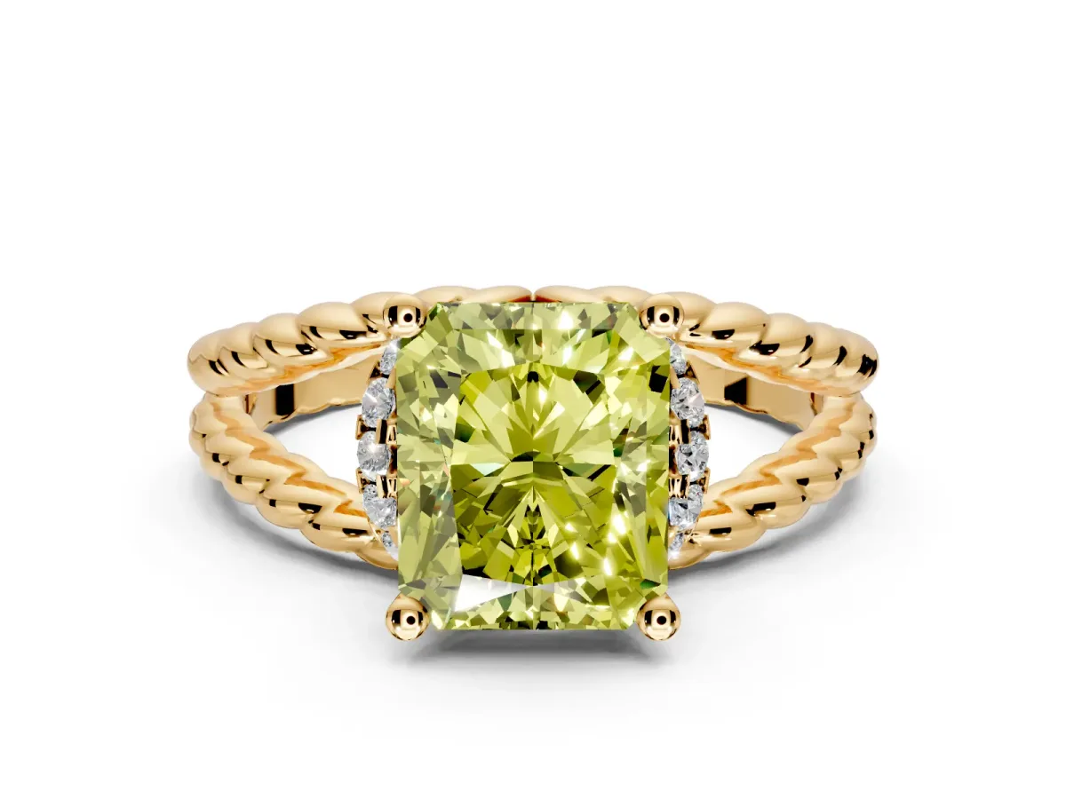 Halo Engagement Ring Setting for Fancy Yellow Radiant Cut Center with Rope Twist Split Shank and Prong Head in Yellow Gold