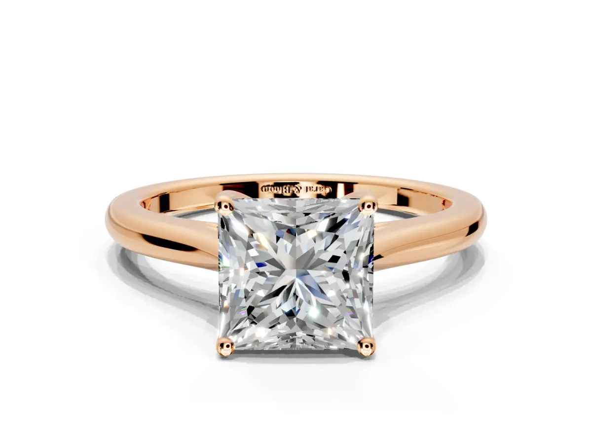 Solitaire Engagement Ring Setting for Princess Cut Center with Narrow Cathedral Band and Prong Head in Rose Gold