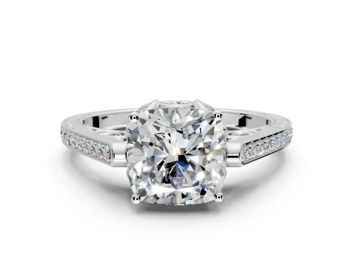 Cathedral Engagement Ring Setting for Cushion Cut Center with Antique-Style Pave Band and Prong Head in Sterling Silver