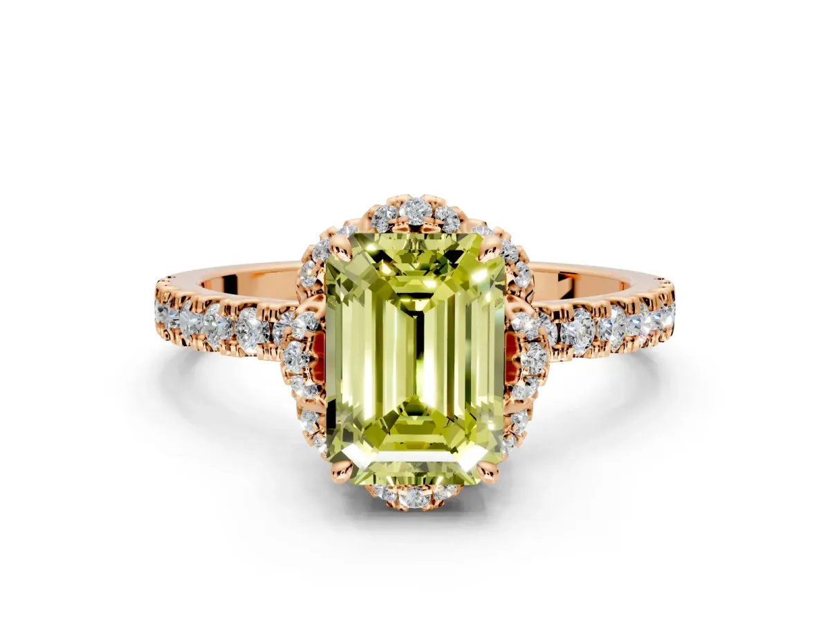 Halo Engagement Ring Setting for Fancy Yellow Emerald Cut Center with Openwork Halo, Pave Band and Prong Head in Rose Gold