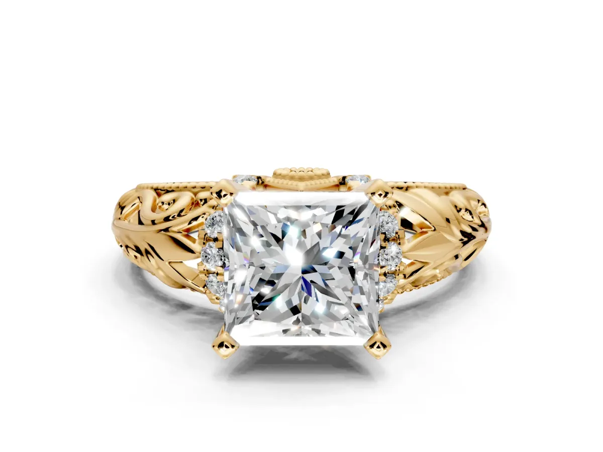 Solitaire Engagement Ring Setting for Princess Cut Center with Filigree Accent Basket and Prong Head in Yellow Gold