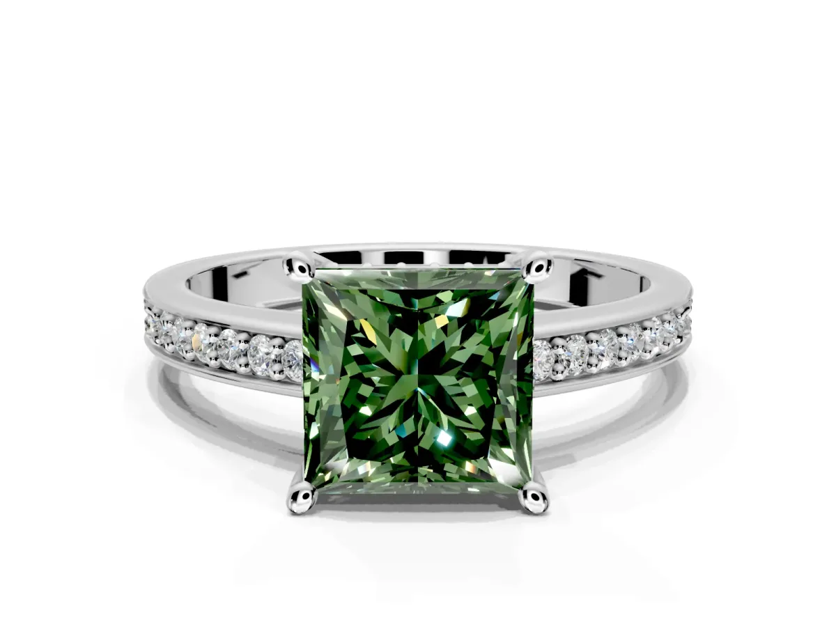 Solitaire Engagement Ring Setting for Fancy Green Princess Cut Center with Channel-Set Accent Band and Prong Head in Platinum