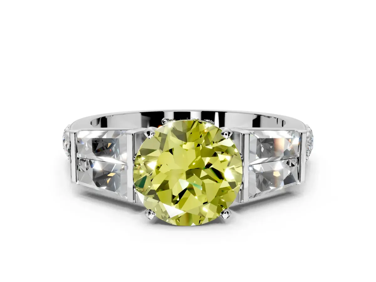 Channel-Set Engagement Ring Setting for Fancy Yellow Round Cut Center with Baguette Band and Prong Head in Sterling Silver