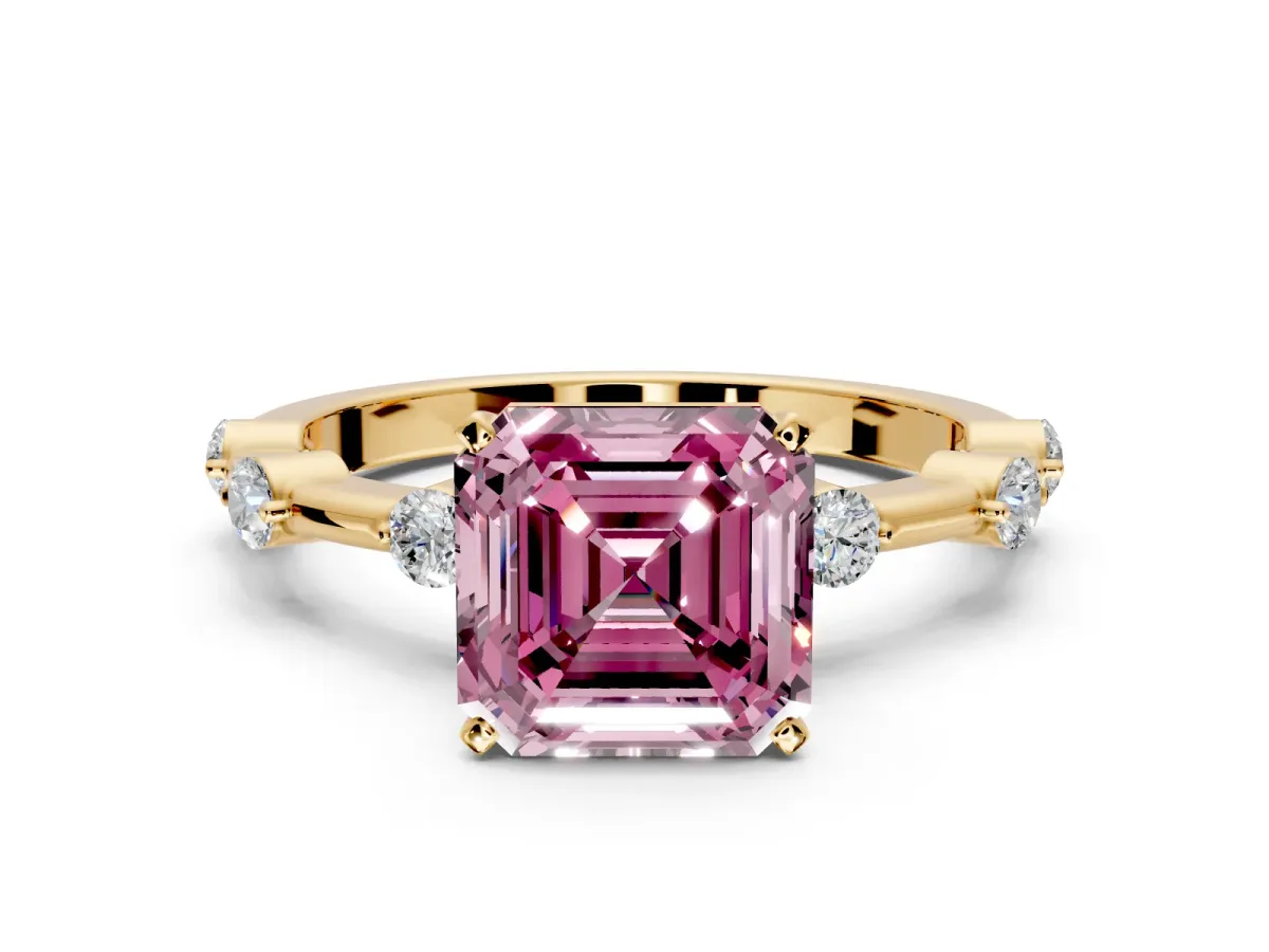Solitaire Engagement Ring Setting for Fancy Pink Asscher Cut Center with Bezel Station Band and Prong Head in Yellow Gold