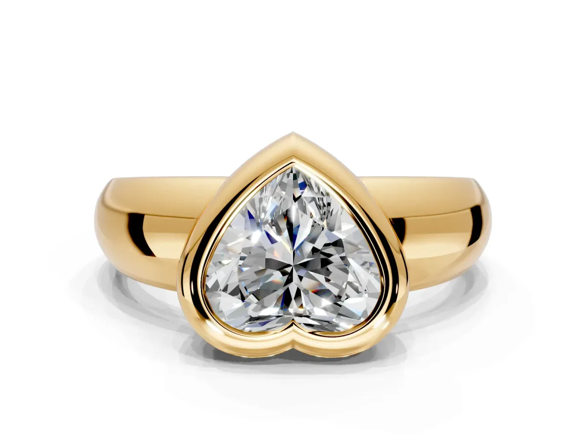 Solitaire Engagement Ring Setting for Heart-Shaped Center with Wide Band and Bezel Head in Yellow Gold