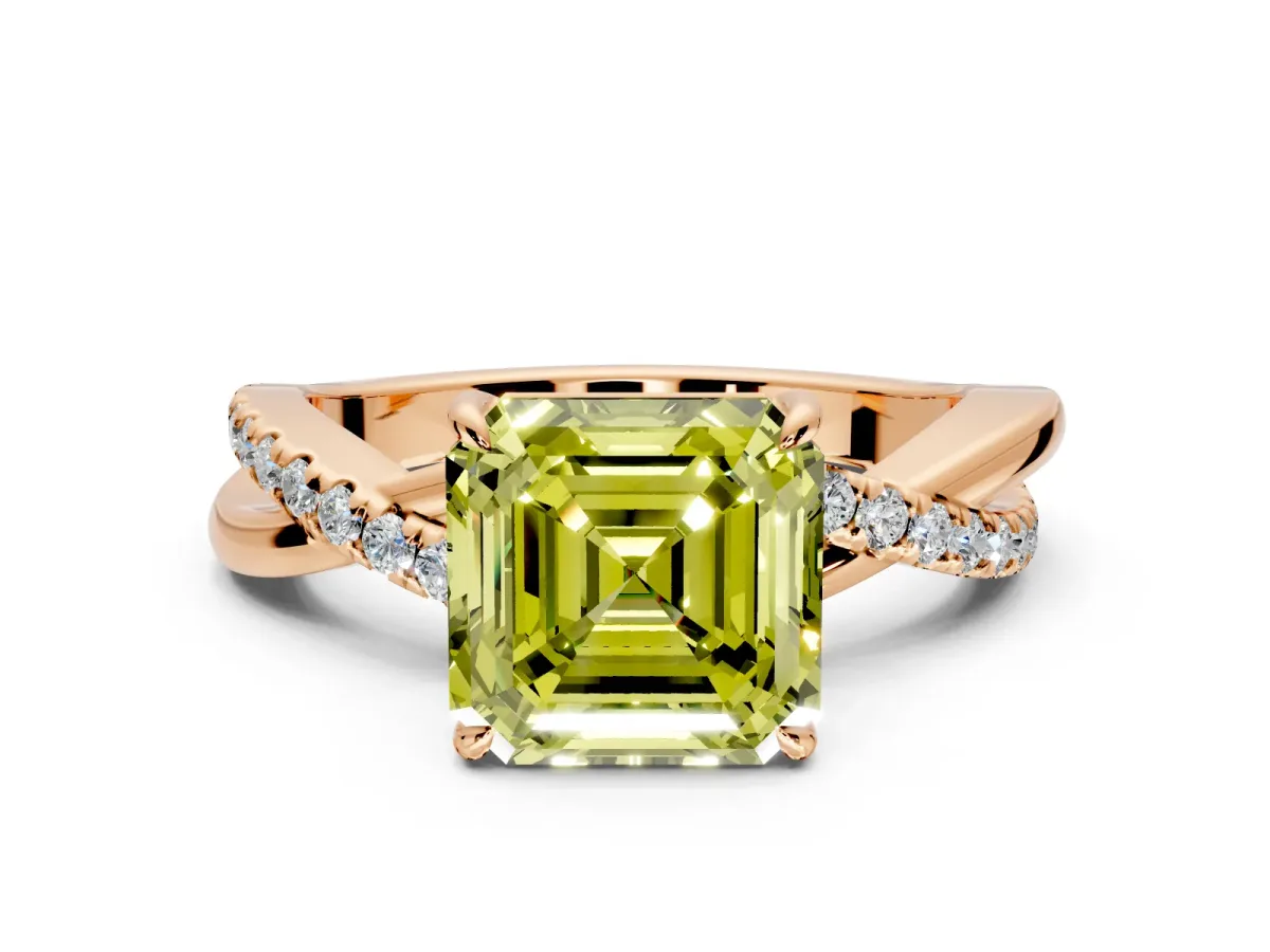 Crossover Engagement Ring Setting for Fancy Yellow Asscher Cut Center with Pave and Plain Strands and Prong Head in Rose Gold