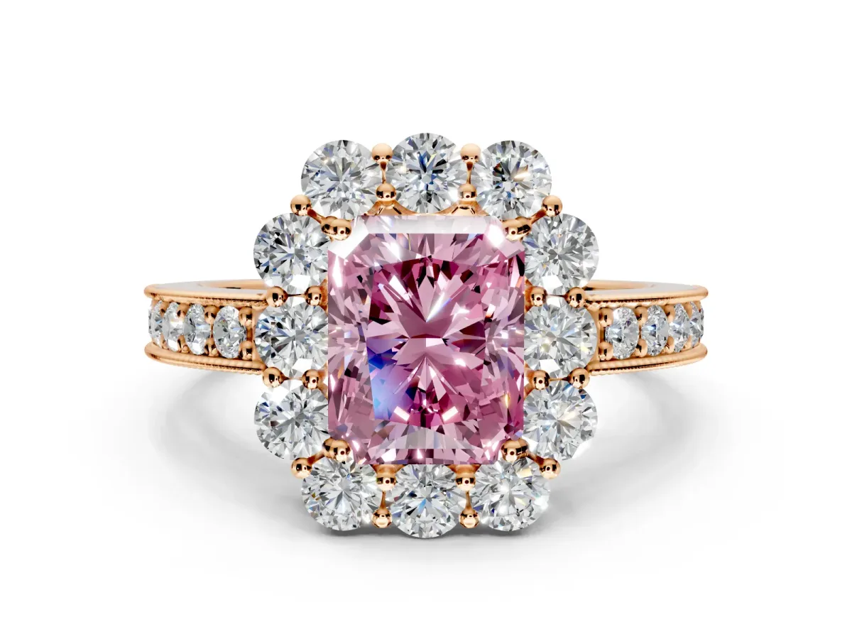 Halo Engagement Ring Setting for Fancy Pink Radiant Cut Center with Milgrain Channel Band and Prong Head in Rose Gold