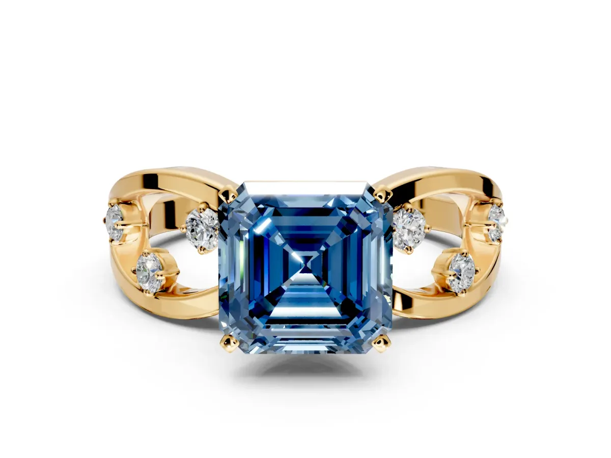Solitaire Engagement Ring Setting for Fancy Blue Asscher Cut Center with Criss-Cross Accent Band and Prong Head in Yellow Gold