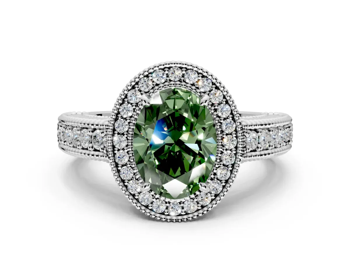 Milgrain Halo Engagement Ring Setting for Fancy Green Oval Center with Pave Band and Prong Head in White Gold