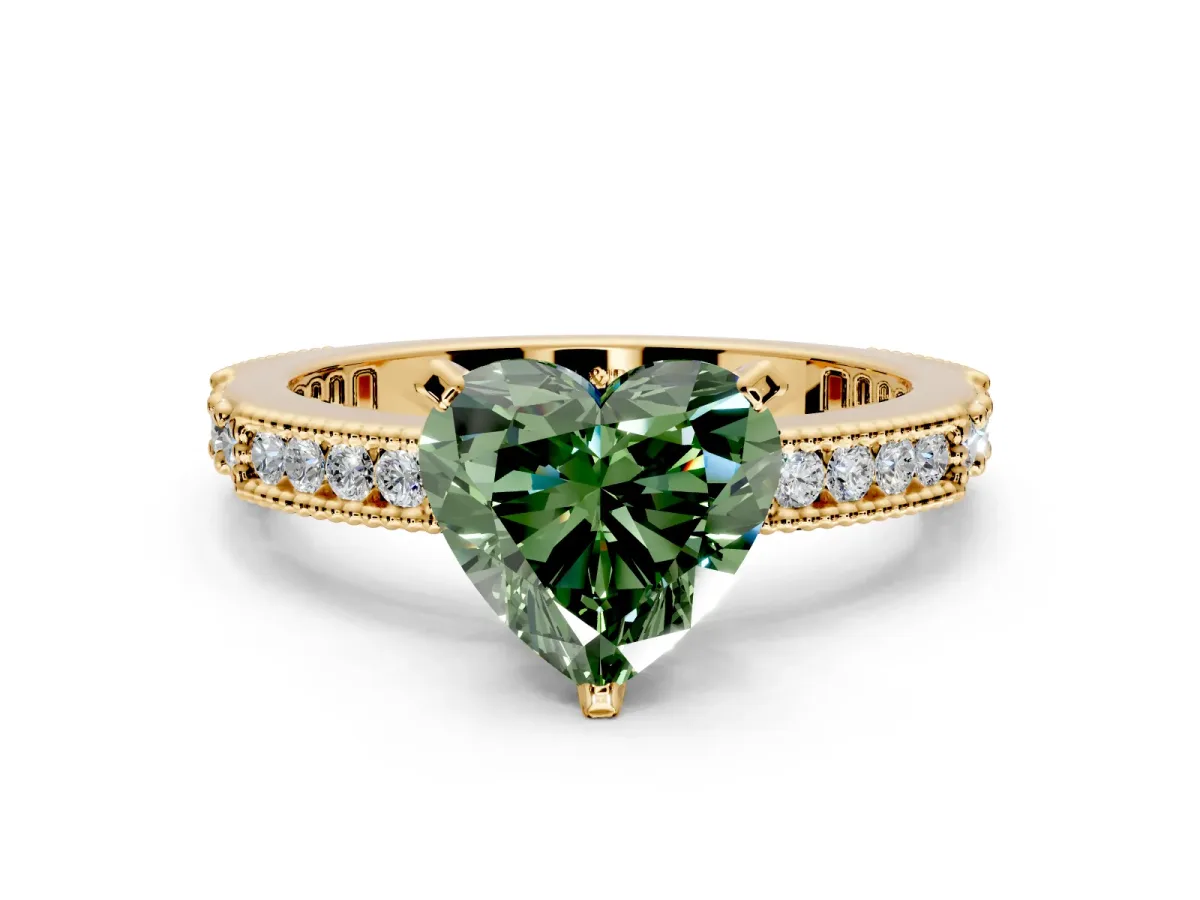 Solitaire Engagement Ring Setting for Fancy Green Heart-Shaped Center with Milgrain-Edged Pave Band and Prong Head in Yellow Gold
