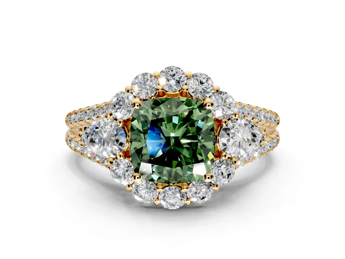 Halo Engagement Ring Setting for Fancy Green Cushion Cut Center with Two-Strand Split Shank and Prong Head in Yellow Gold