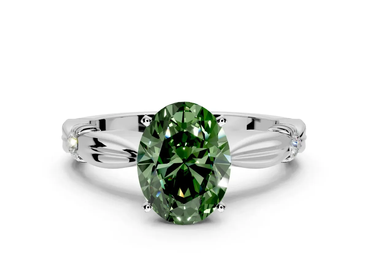 Solitaire Engagement Ring Setting for Fancy Green Oval Center with Carved Leaf Shoulders and Prong Head in Sterling Silver