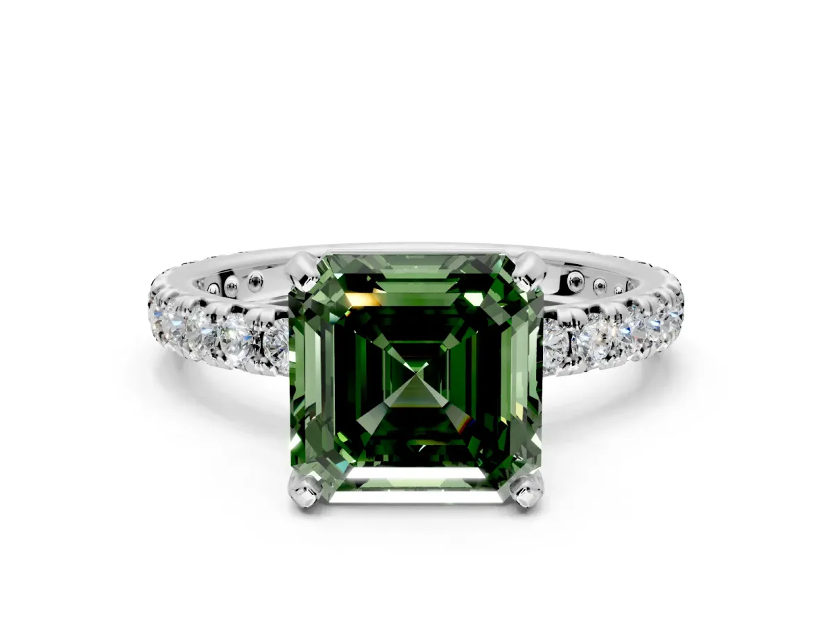 Solitaire Engagement Ring Setting for Fancy Green Asscher Cut Center with Shared-Prong Accents and Prong Head in Platinum