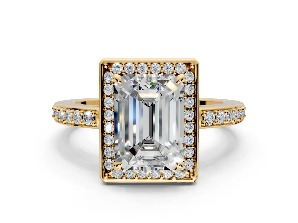 Halo Engagement Ring Setting for Emerald Cut Center with Metal-Rimmed Halo, Pave Band and Prong Head in Yellow Gold