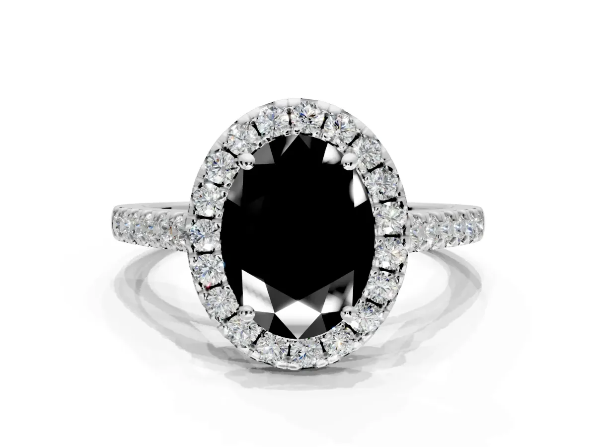 Halo Engagement Ring Setting for Fancy Black Oval Center with Narrowing Pave Band and Prong Head in White Gold