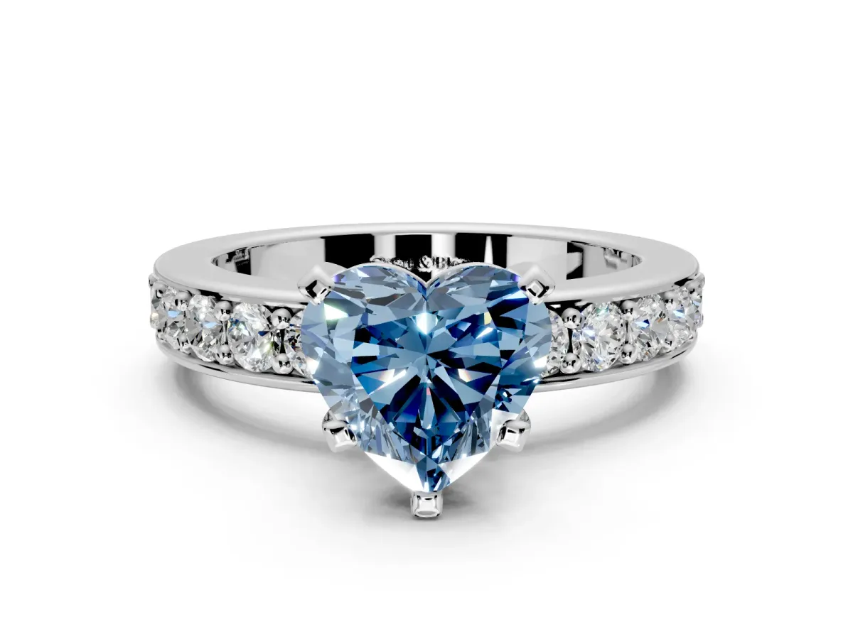 Solitaire Engagement Ring Setting for Fancy Blue Heart-Shaped Center with Channel-Set Accents and Prong Head in Platinum