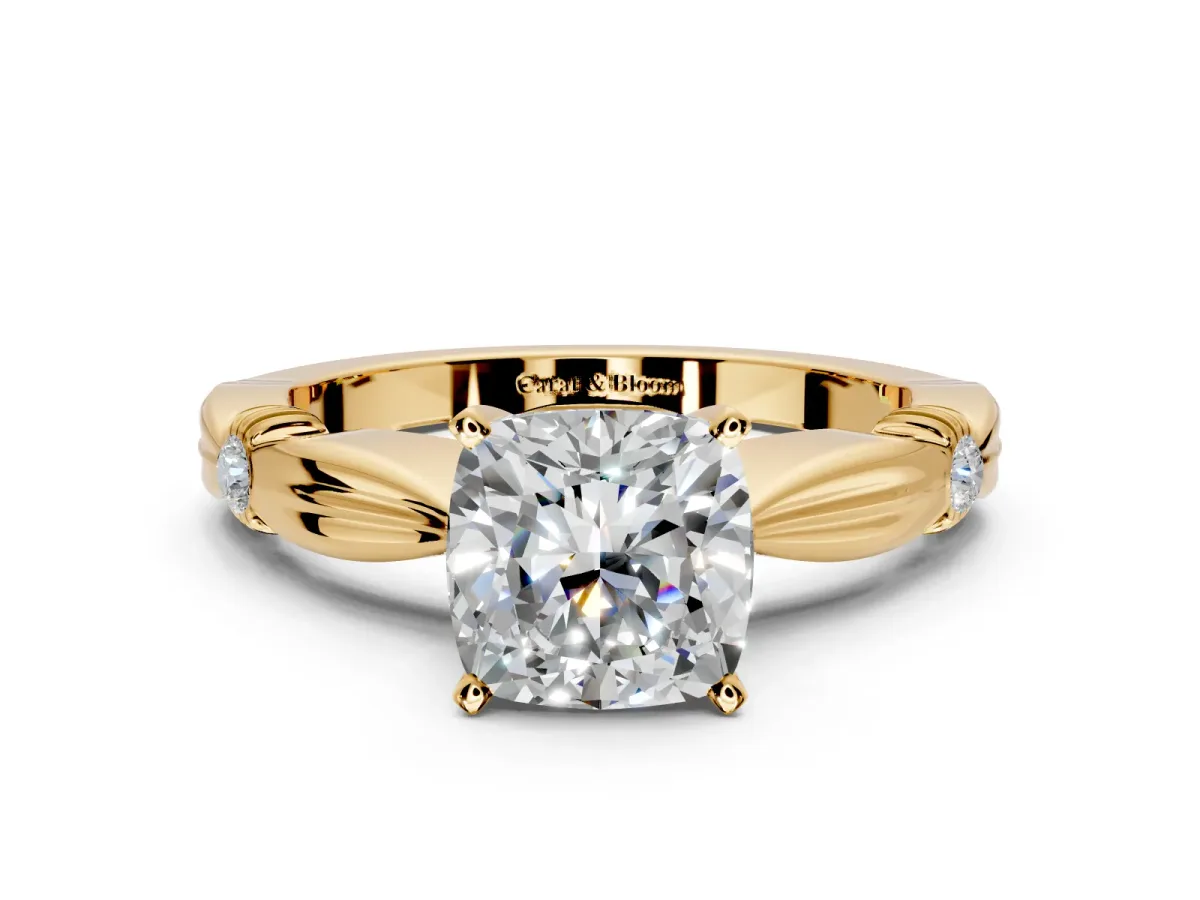 Solitaire Engagement Ring Setting for Cushion Cut Center with Carved Leaf Shoulders and Prong Head in Yellow Gold