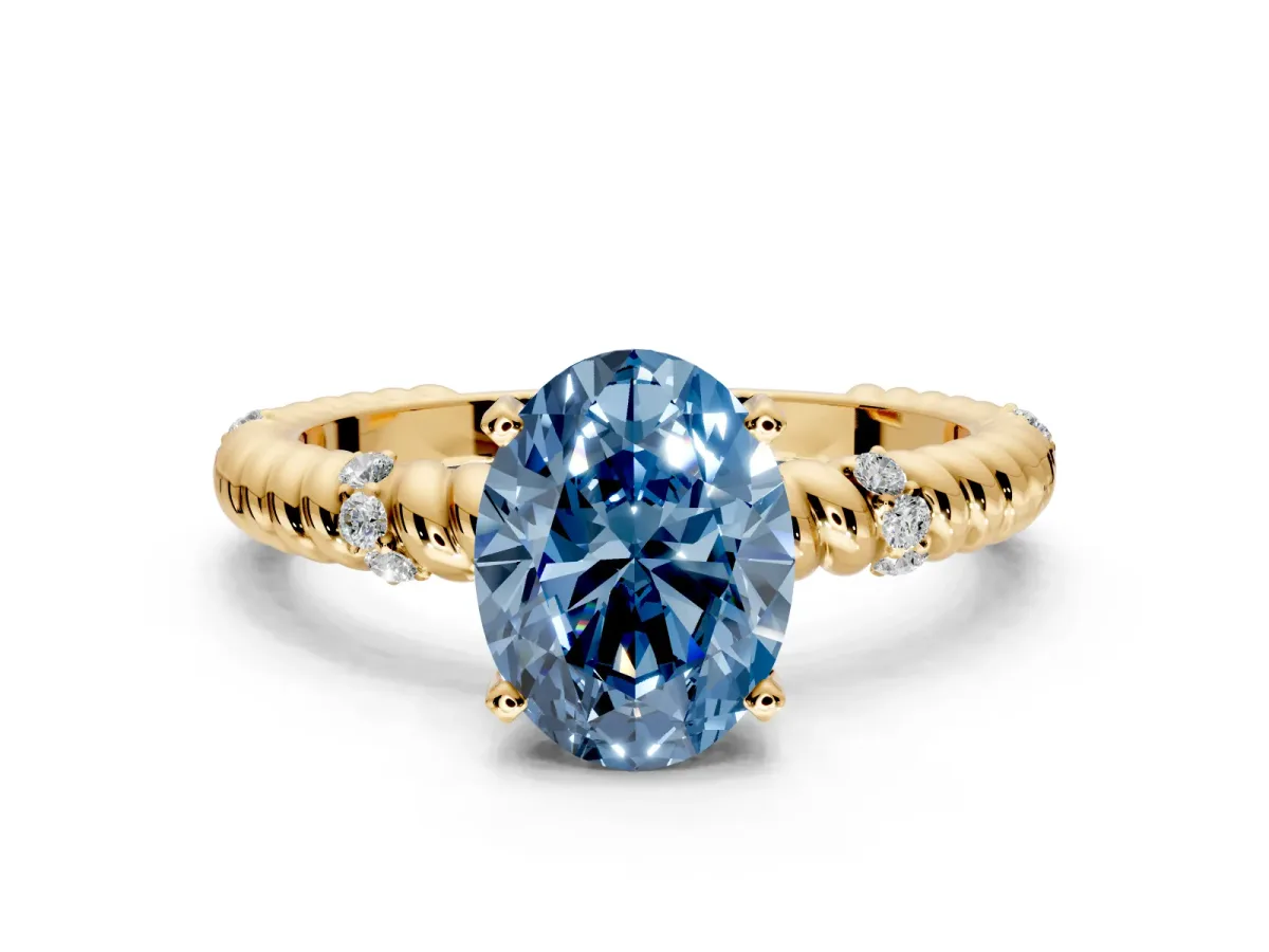 Rope Engagement Ring Setting for Fancy Blue Oval Center with Accent Shoulders and Prong Head in Yellow Gold