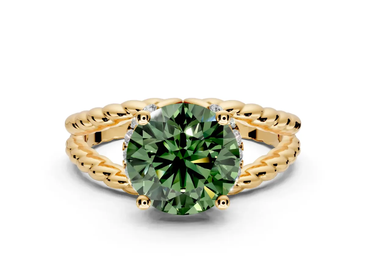Halo Engagement Ring Setting for Fancy Green Round Cut Center with Rope Twist Split Shank and Prong Head in Yellow Gold