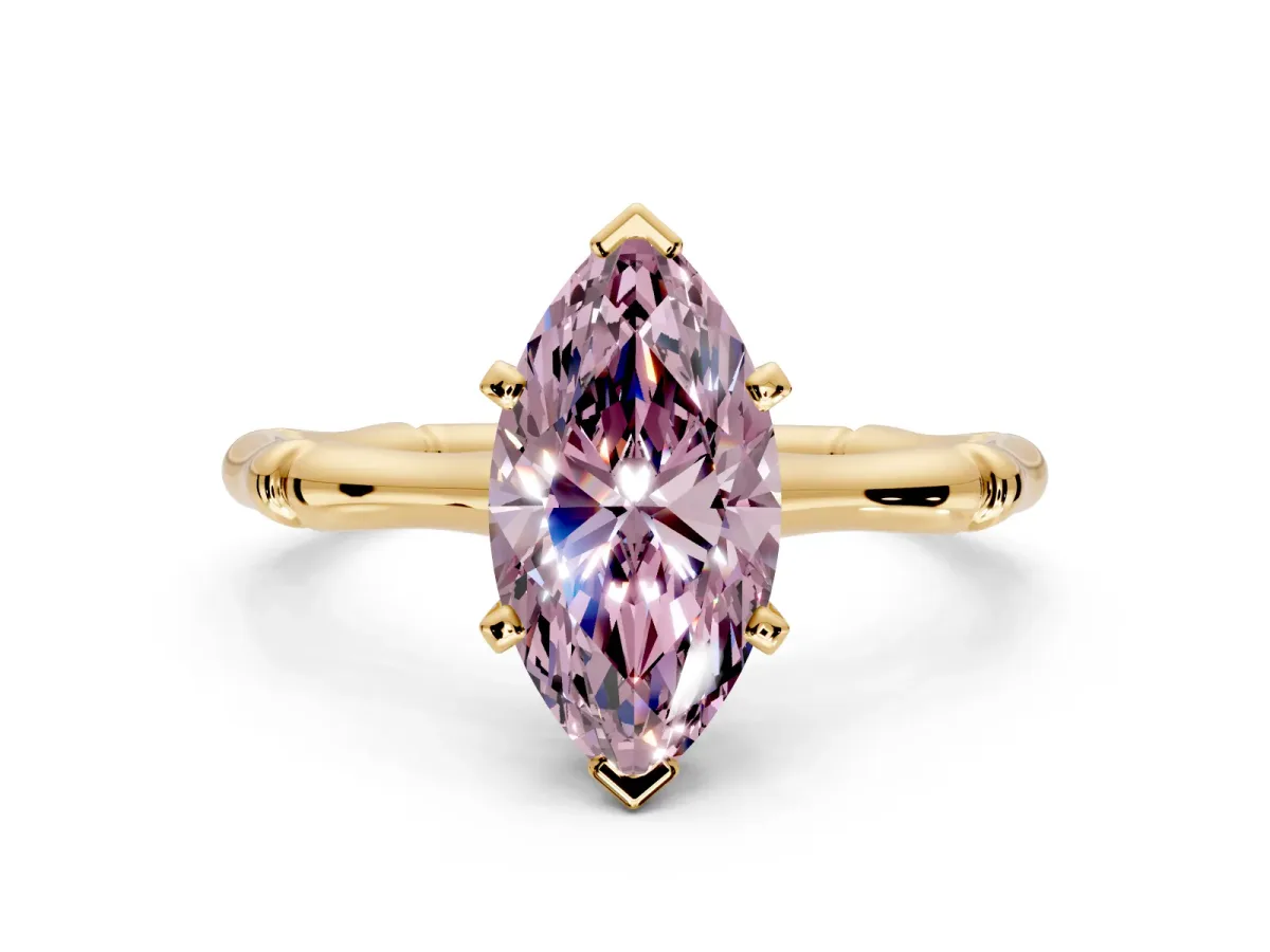 Solitaire Engagement Ring Setting for Fancy Pink Marquise Center with Bamboo Band and Prong Head in Yellow Gold