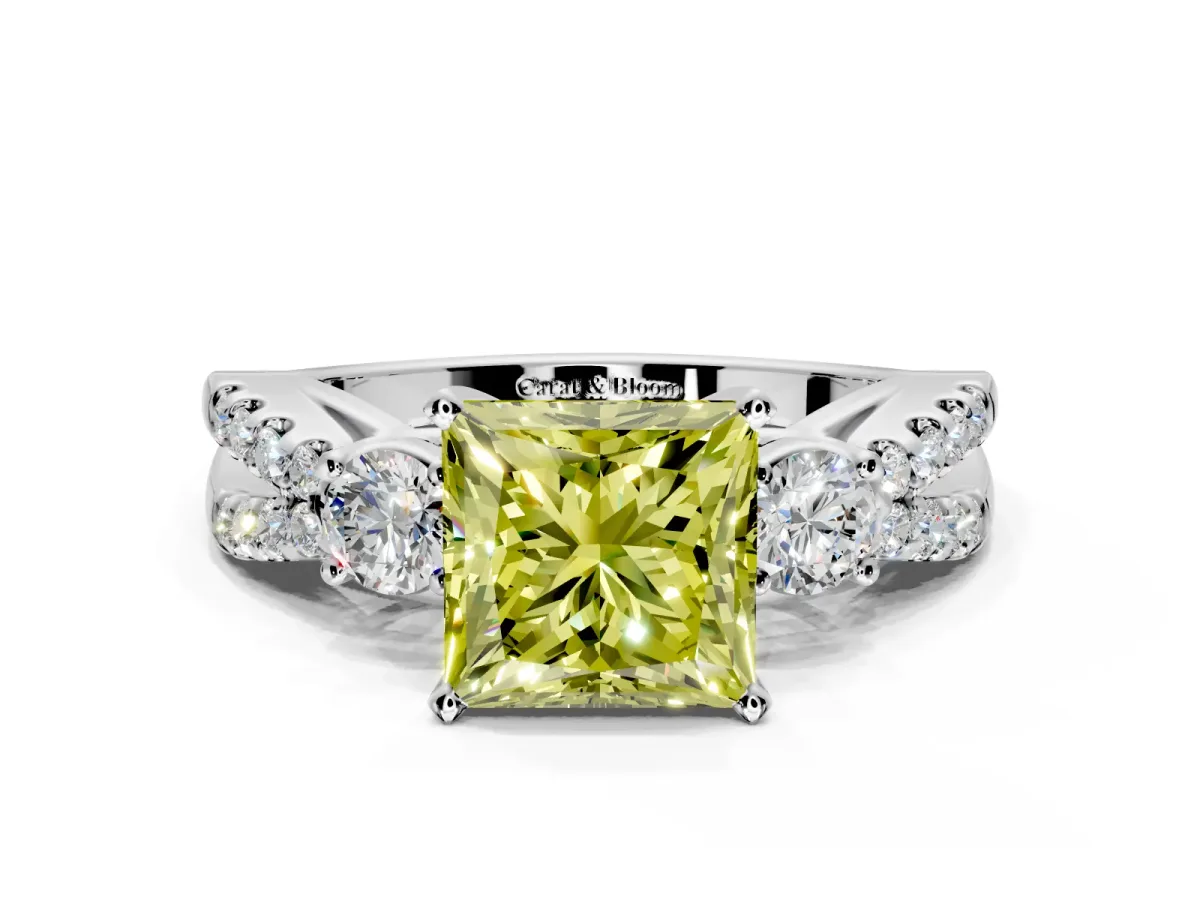 3 Stone Engagement Ring Setting for Fancy Yellow Princess Cut Center with Pave Split Shank and Prong Head in White Gold