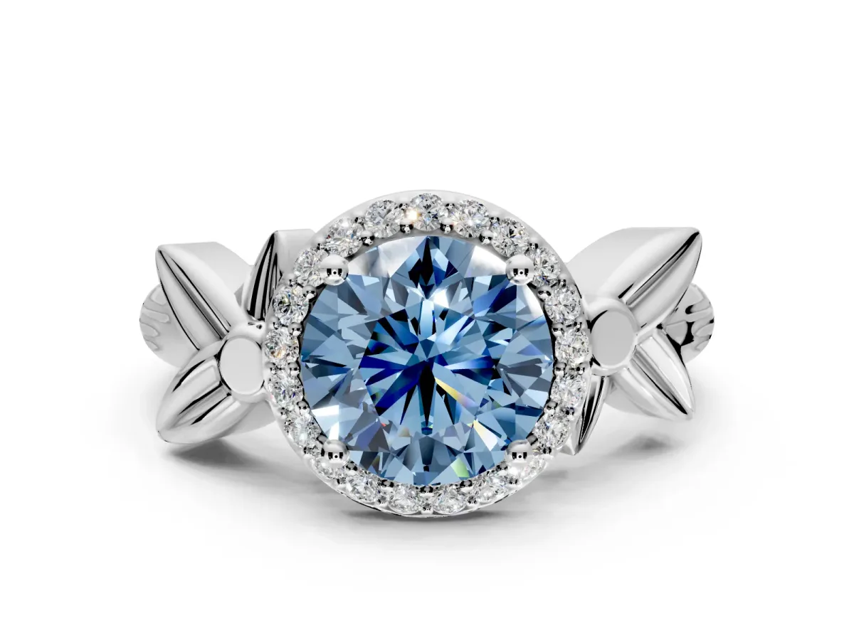 Halo Engagement Ring Setting for Fancy Blue Round Cut Center with Floral Band and Prong Head in Sterling Silver