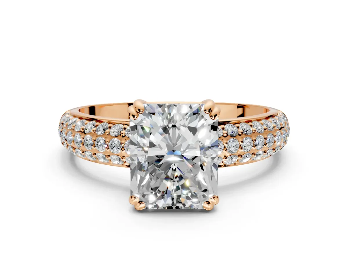 Solitaire Engagement Ring Setting for Radiant Cut Center with Multi-Row Pave Accents and Basket Head in Rose Gold