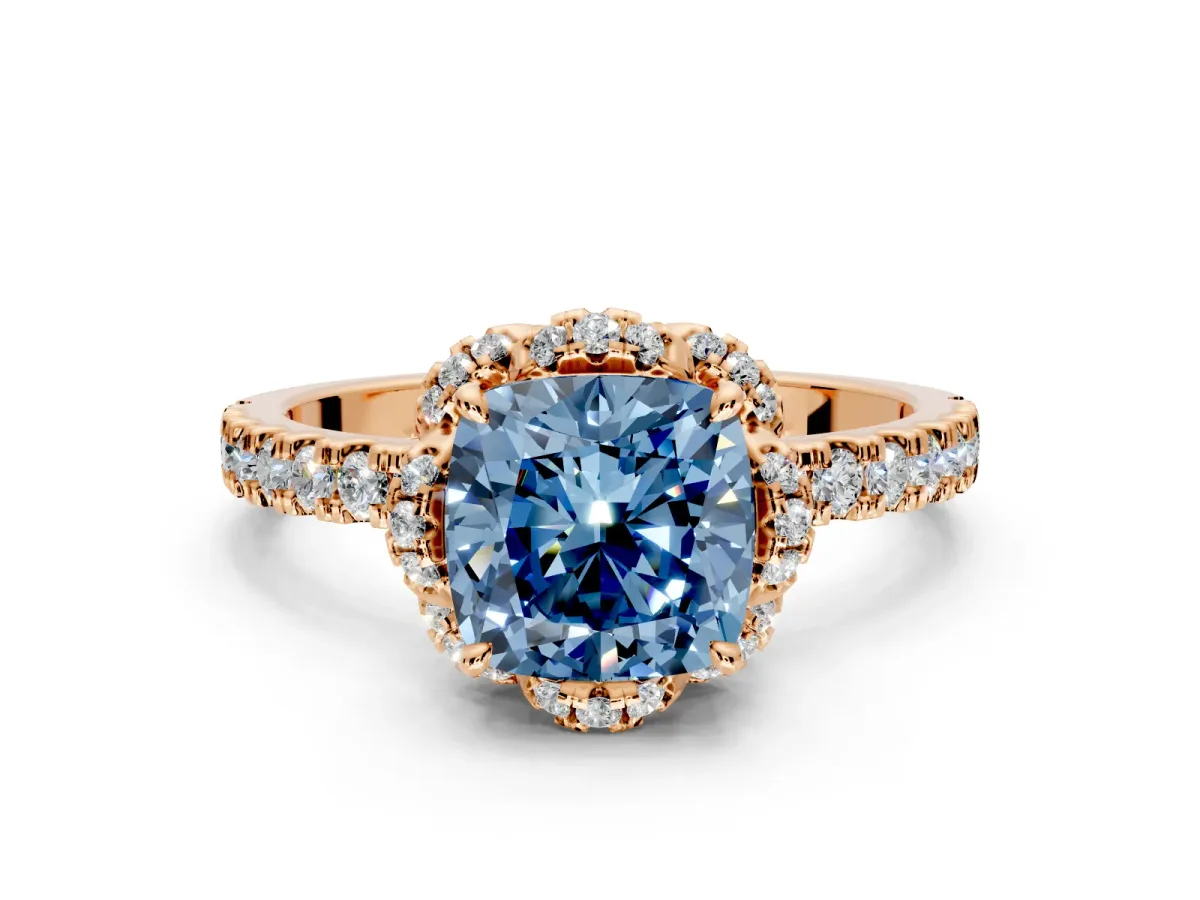 Halo Engagement Ring Setting for Fancy Blue Cushion Cut Center with Openwork Halo, Pave Band and Prong Head in Rose Gold
