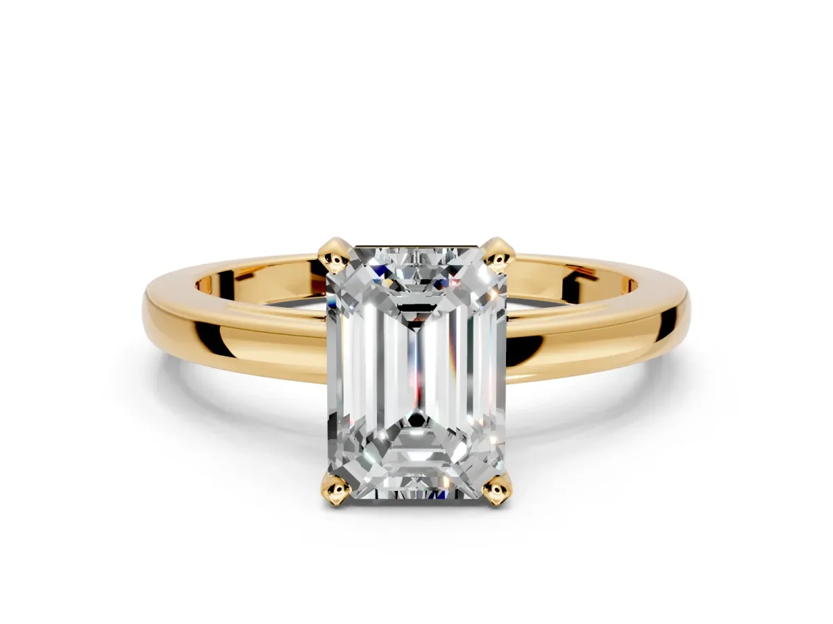 Solitaire Engagement Ring Setting for Emerald Cut Center with Basket Rail and Prong Head in Yellow Gold