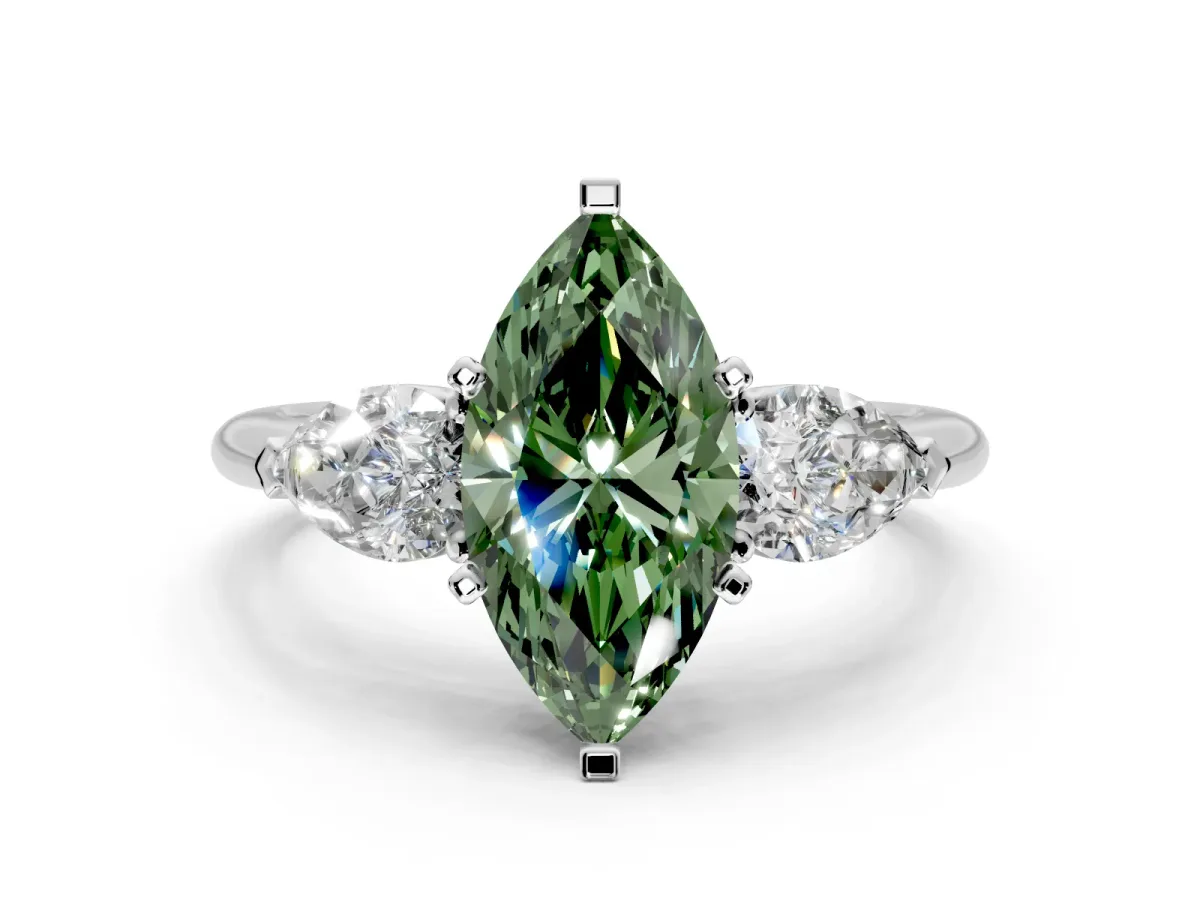 3 Stone Engagement Ring Setting for Fancy Green Marquise Center with Large Pear-Shaped Accents and Prong Head in Sterling Silver