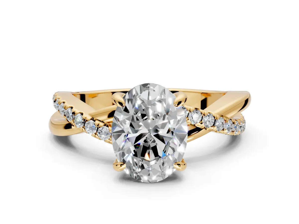 Solitaire Engagement Ring Setting for Oval Center with Half-Pave Crossover Band and Prong Head in Yellow Gold