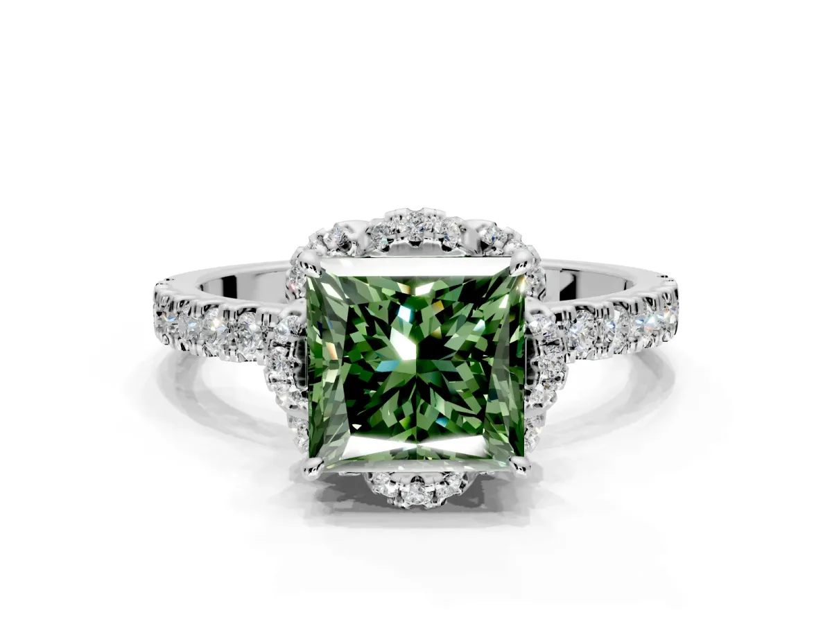 Halo Engagement Ring Setting for Fancy Green Princess Cut Center with Openwork Halo, Pave Band and Prong Head in Platinum
