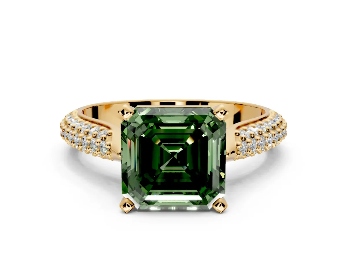 Solitaire Engagement Ring Setting for Fancy Green Asscher Cut Center with Multi-Row Accents and Prong Head in Yellow Gold