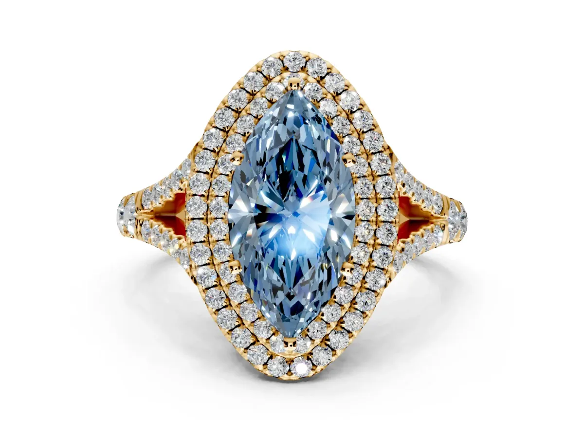 Double Halo Engagement Ring Setting for Fancy Blue Marquise Center with Narrow Pave Split Shank and Prong Head in Yellow Gold