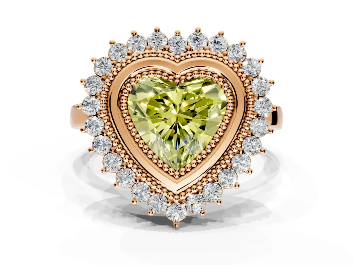 Halo Engagement Ring Setting for Fancy Yellow Heart-Shaped Center with Milgrain Bezel Rim, Plain Band and Prong Head in Rose Gold