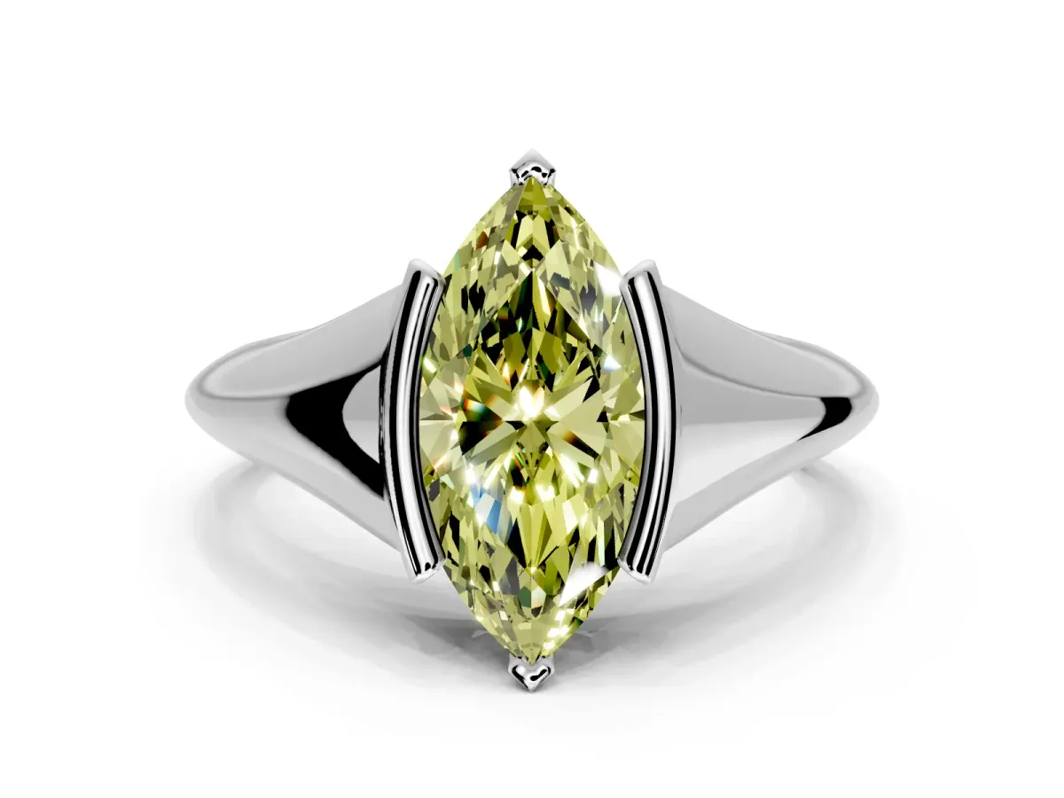 Tension Engagement Ring Setting for Fancy Yellow Marquise Center with Wide Tapered Band and Tension Head in Sterling Silver