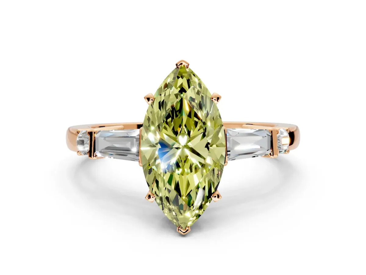 Bar-Set Engagement Ring Setting for Fancy Yellow Marquise Center with Tapered Baguette Accents and Prong Head in Rose Gold