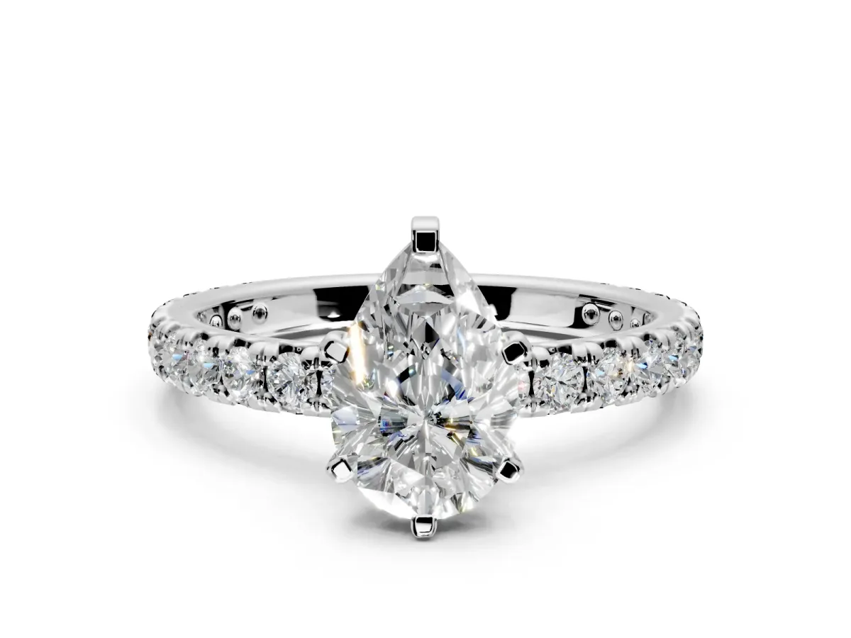 Solitaire Engagement Ring Setting for Pear-Shaped Center with Shared-Prong Accents and Prong Head in Platinum